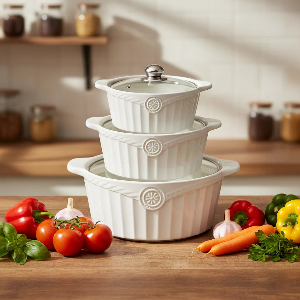 3 Piece Ceramic Soup Pot Set with Tempered Glass Lids