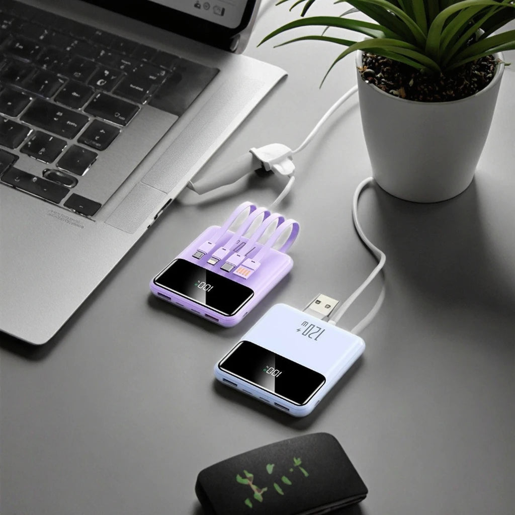 10000mAh Mini Power Bank with Built-In Cables