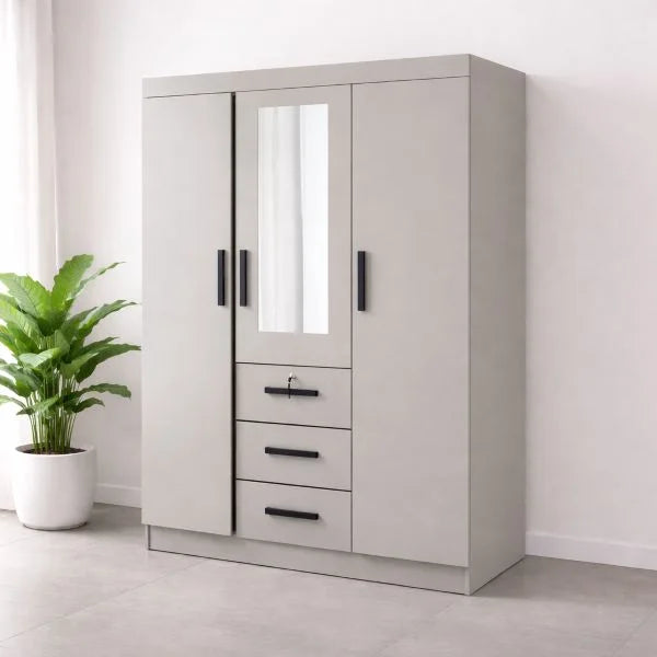 Modern 3 Door Wardrobe with Drawers - Mirror & Lock