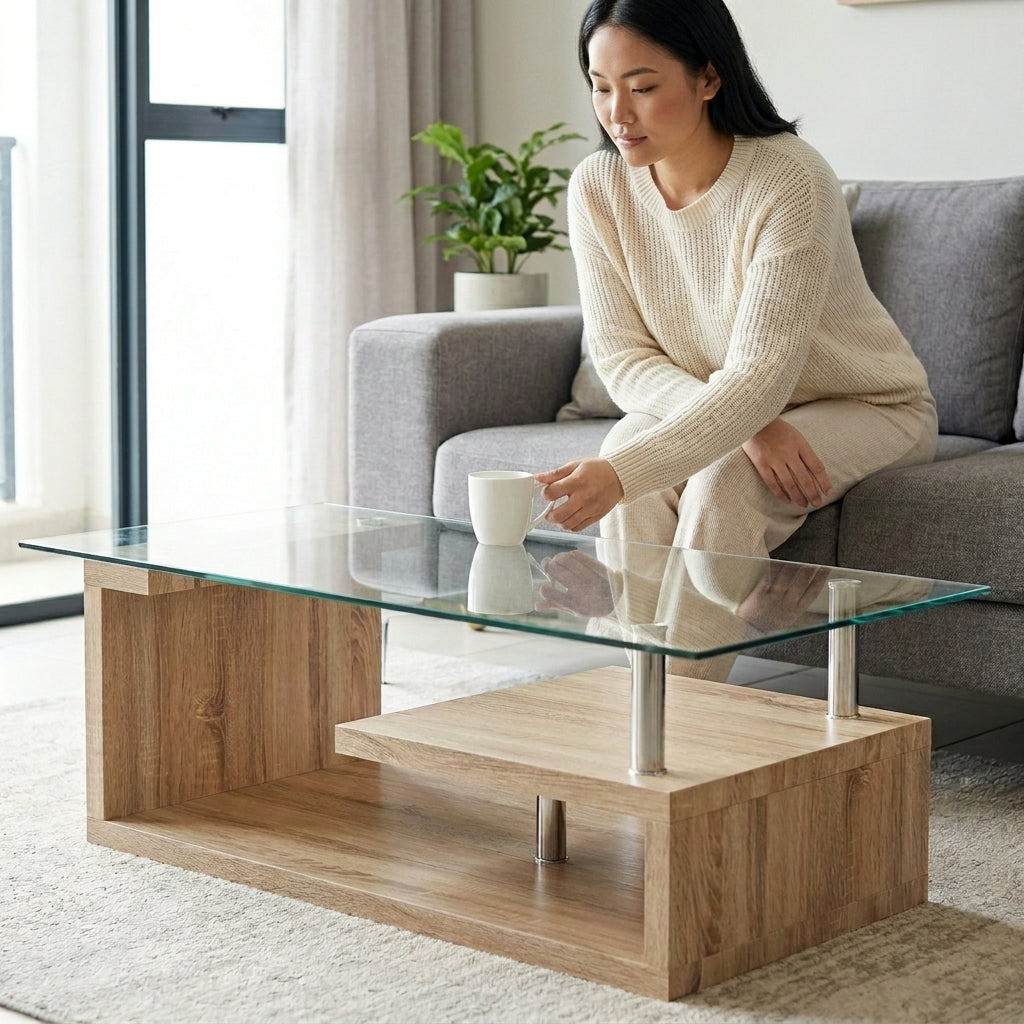 Tempered Glass Top Coffee Table with Oak Base