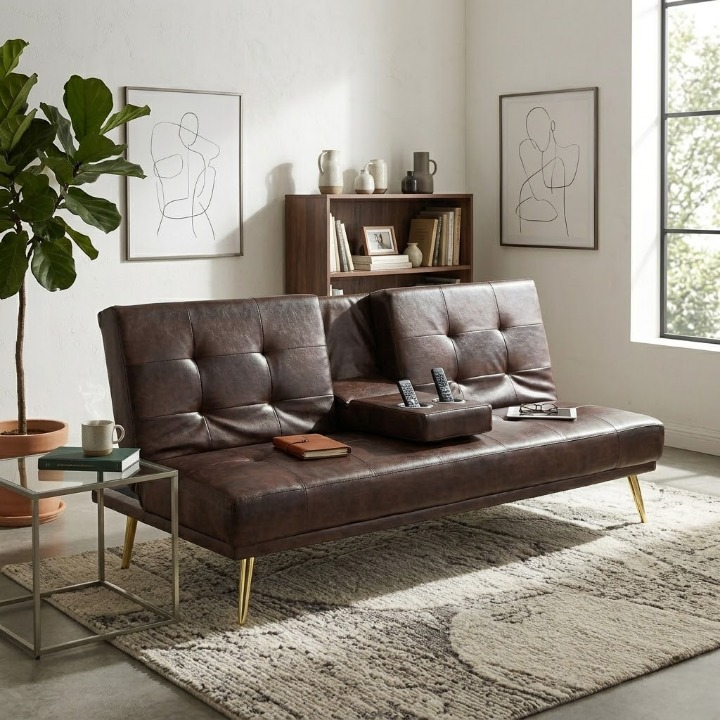 Modern Tufted Faux Leather Sleeper Couch