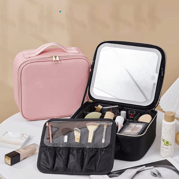 Portable Make Up Organizer Storage Box with LED Light and Mirror