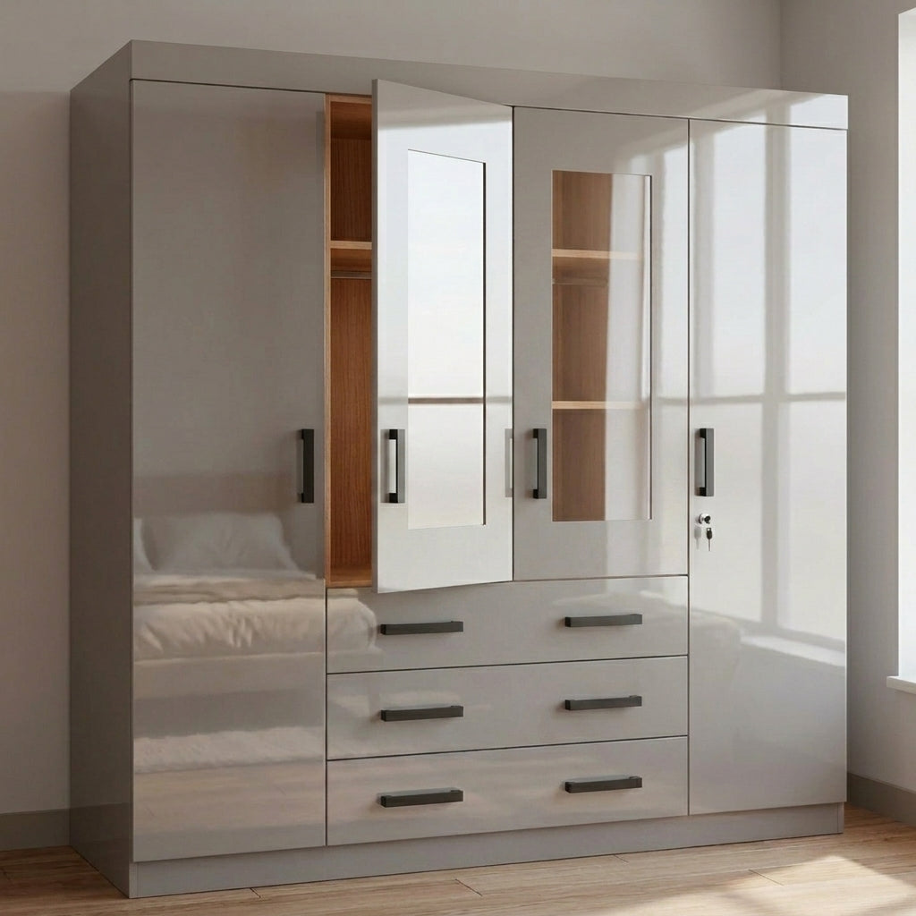 4-Door High Gloss Wardrobe with Drawers and Mirror Panels