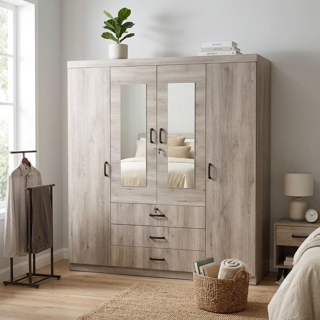 4 Door Wardrobe with Mirrors and 3 Drawers