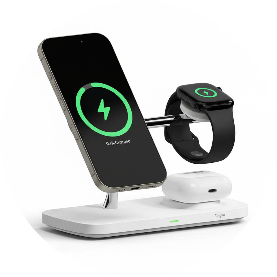 A white charging stand holds a phone, smartwatch, and earbuds, all wirelessly charging.
