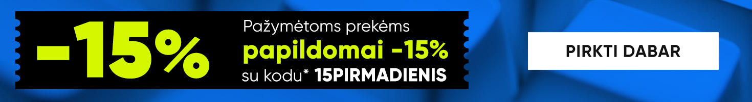 -15% pažymėtoms prekėms su nuolaidos kodu 15PIRMADIENIS