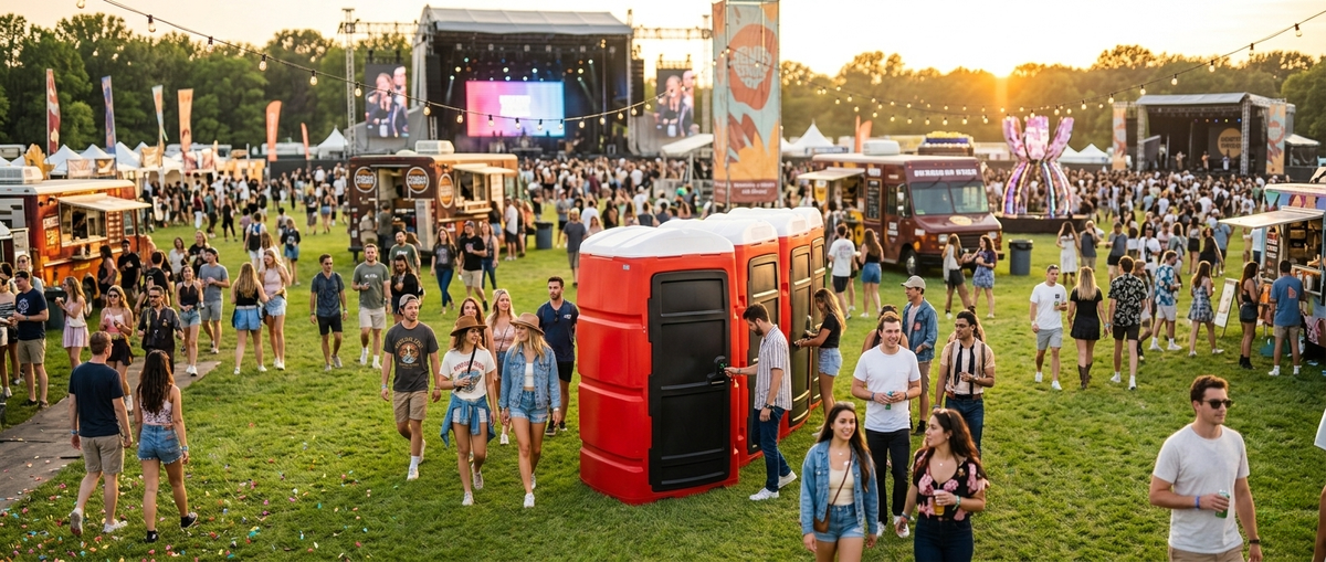 Crowded outdoor festival with food trucks and a large stage, featuring a red portable toilet in the foreground, highlighting event sanitation solutions.