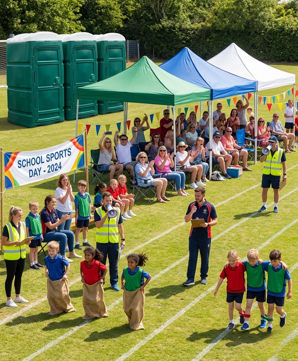 School sports day with children racing on a field, spectators under tents, and portable toilets in the background, highlighting sanitation for outdoor events.