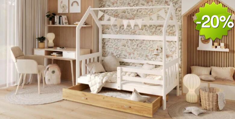 Montessori drveni dječji krevet obliku kućice s ladicom - izaberite praktičan krevetić za svoje dijete uz madrac od spužve debljine 8 cm sa zaštitnom presvlakom