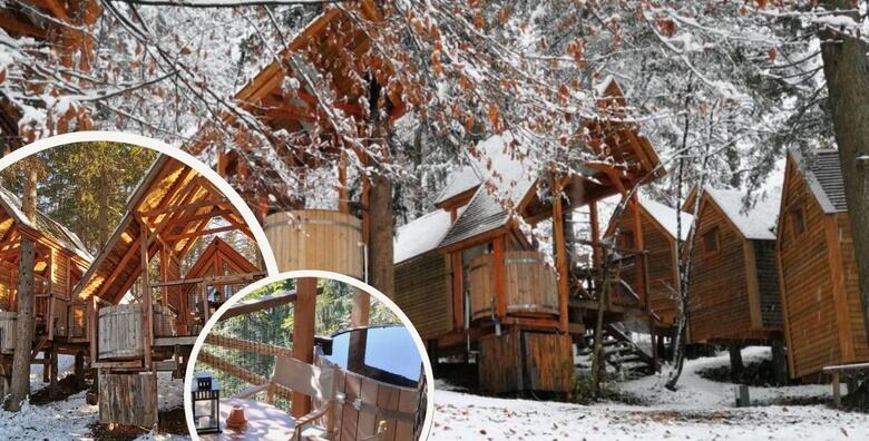 RIBNO ALPINE GLAMPING - 2 noćenja s doručkom i 1x večerom za 2 odraslih + GRATIS paket za 2 djece do 11,99 godina u glamping kućici s drvenom kadom s toplom vodom
