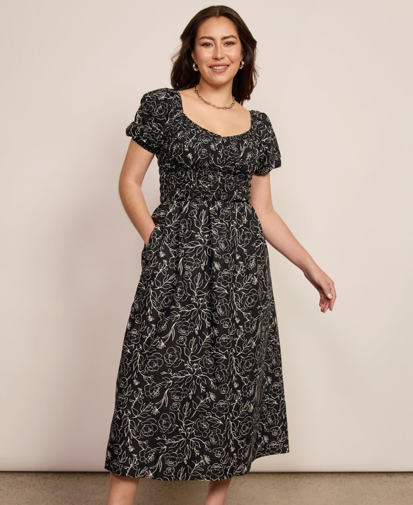 Women's Poplin V-Neck Puff Sleeve Midi Dress