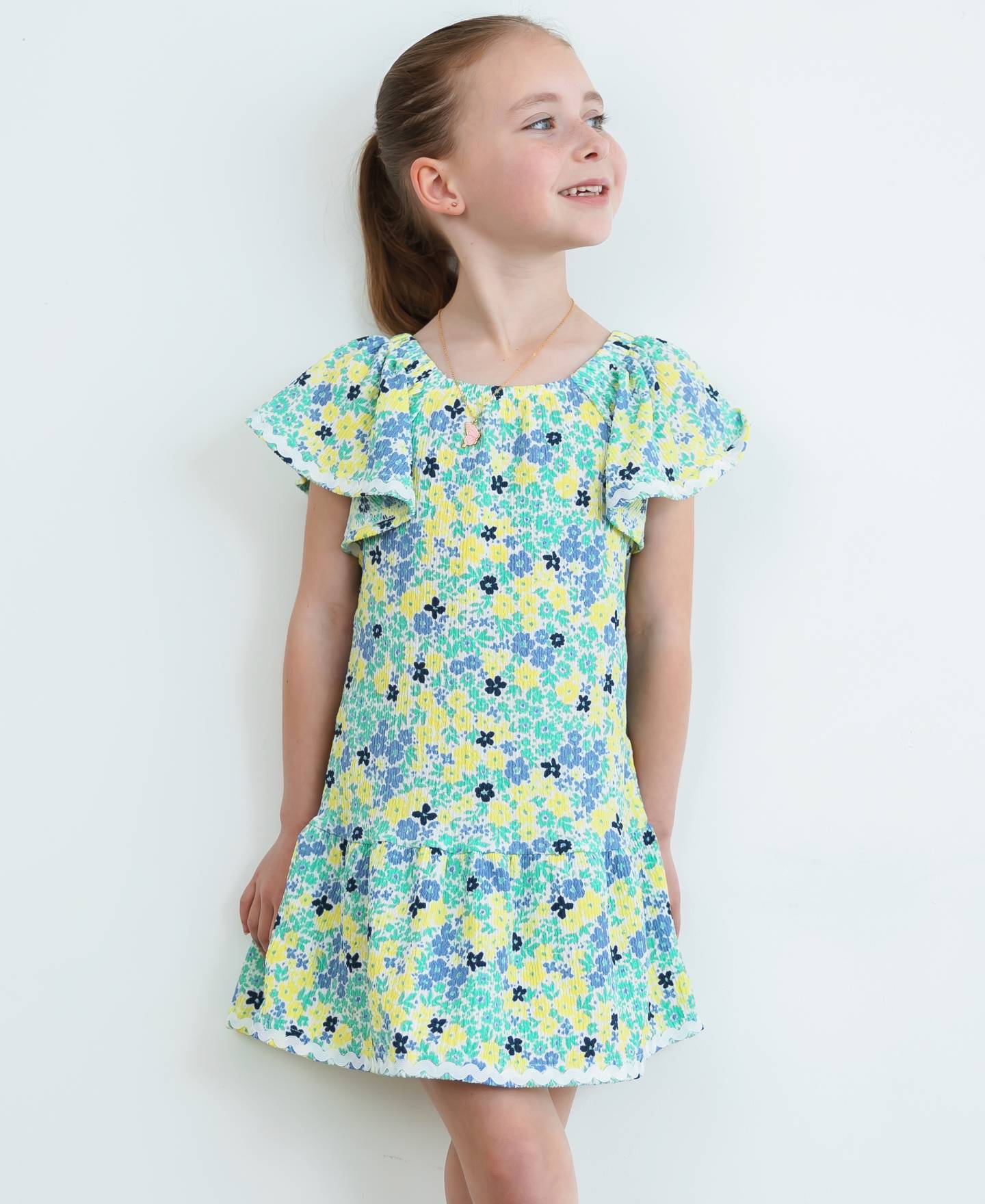 Little Kids' Sleeveless Crinkle Knit Print Ric Rac Dress