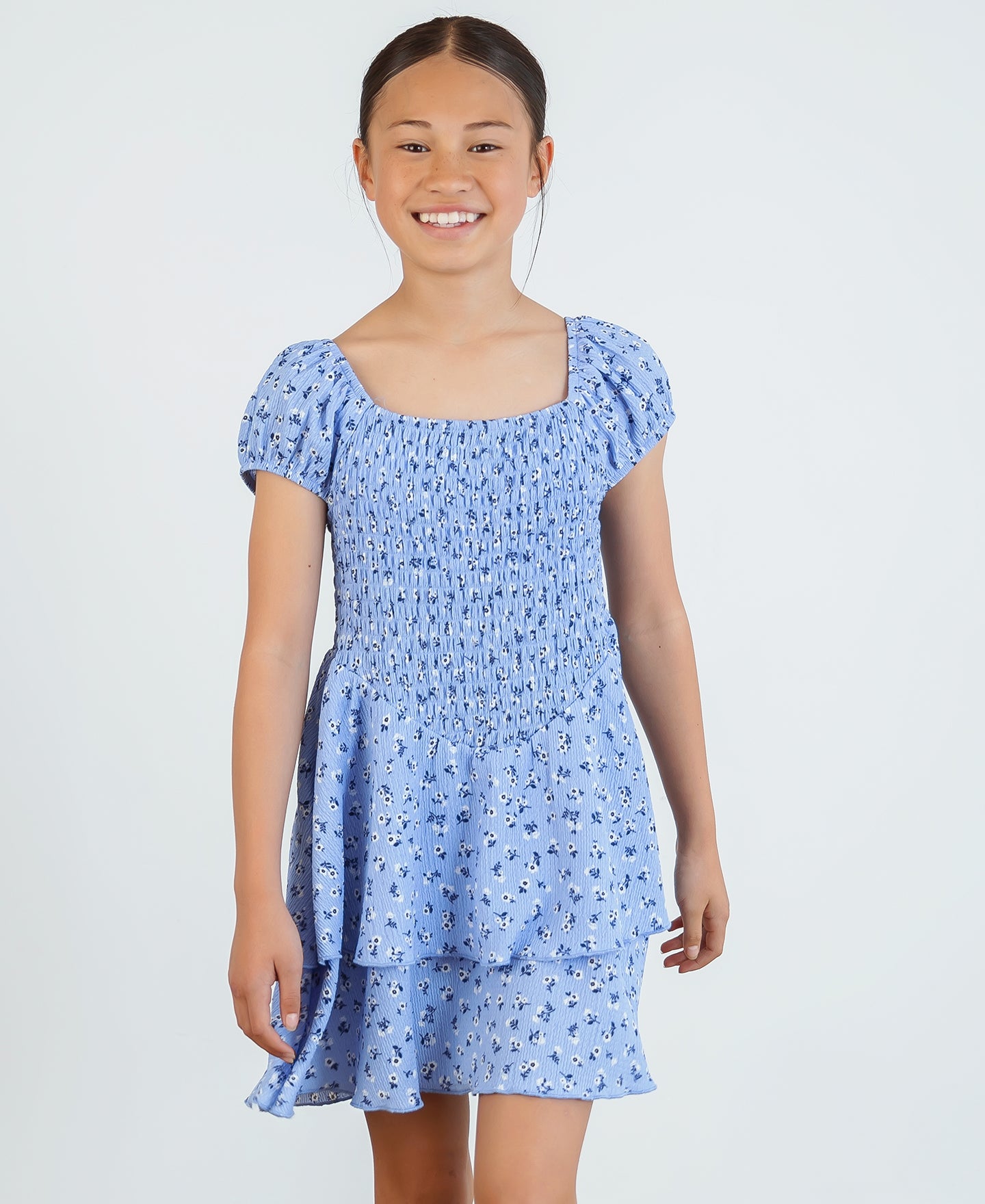 Kids' Short Sleeve Print Crinkle Tiered Dress