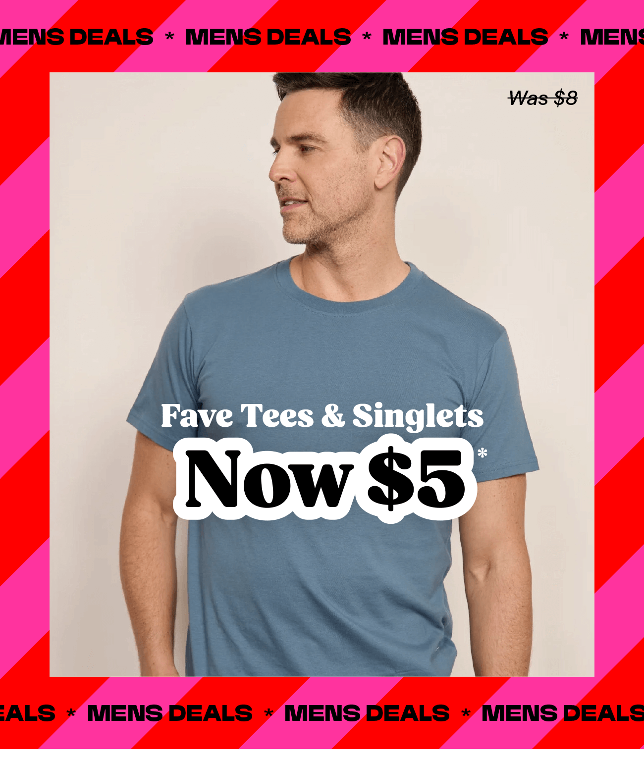 Men's Fave Tees and Singlets now $5, was $8