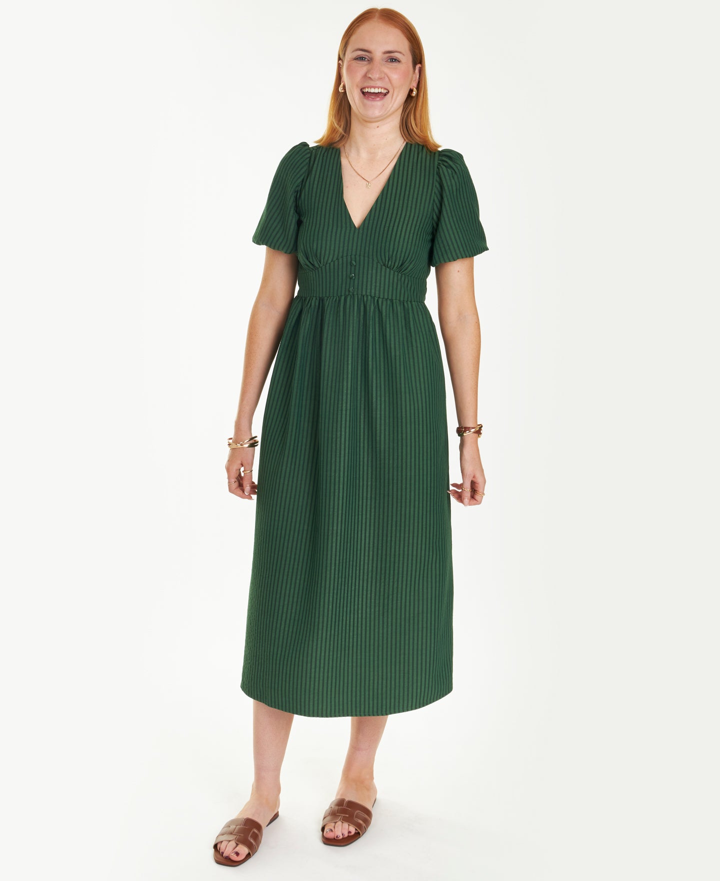 Women's Puff Sleeve Textured Stripe Midi Dress