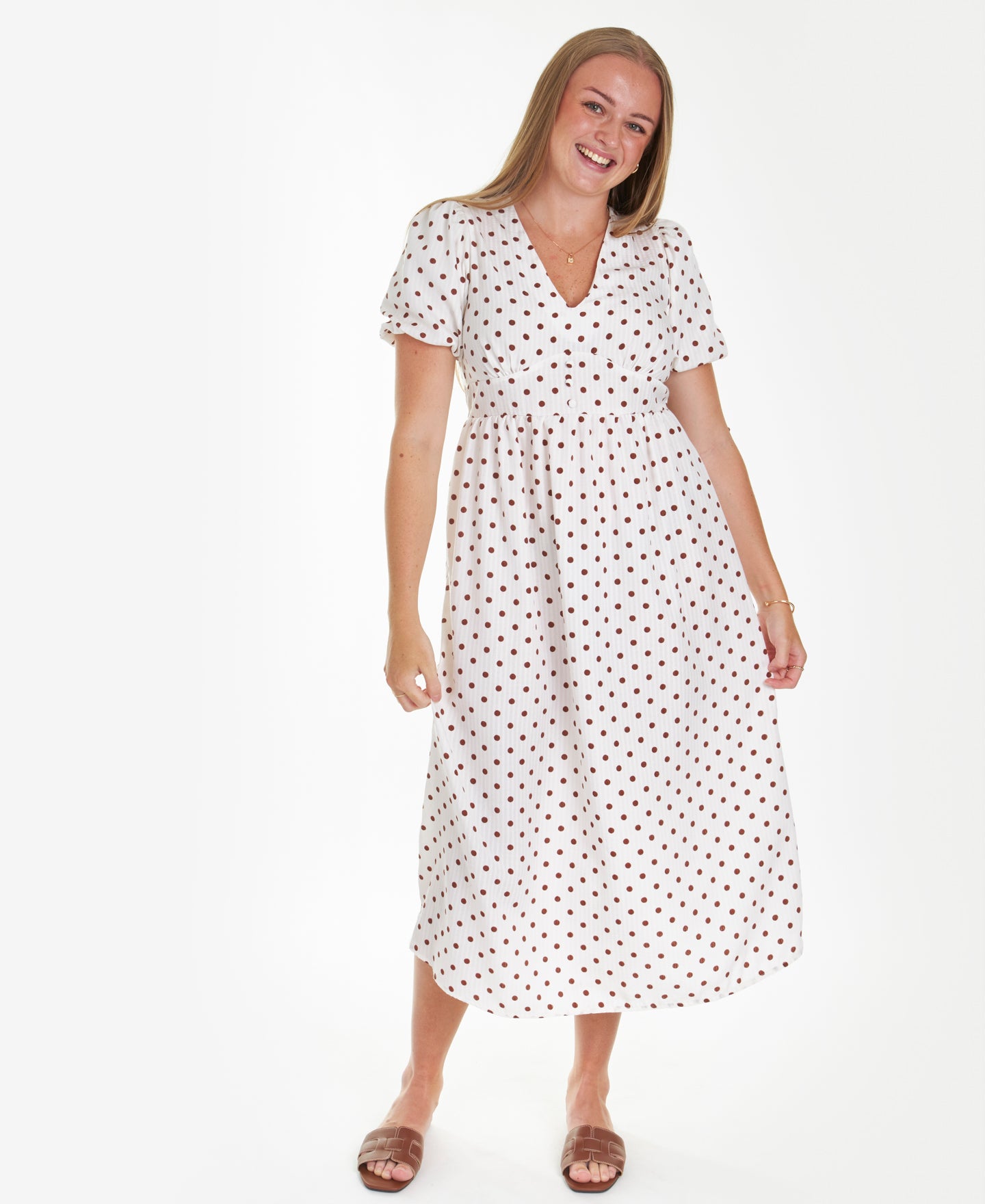 Women's Puff Sleeve Textured Print Midi Dress