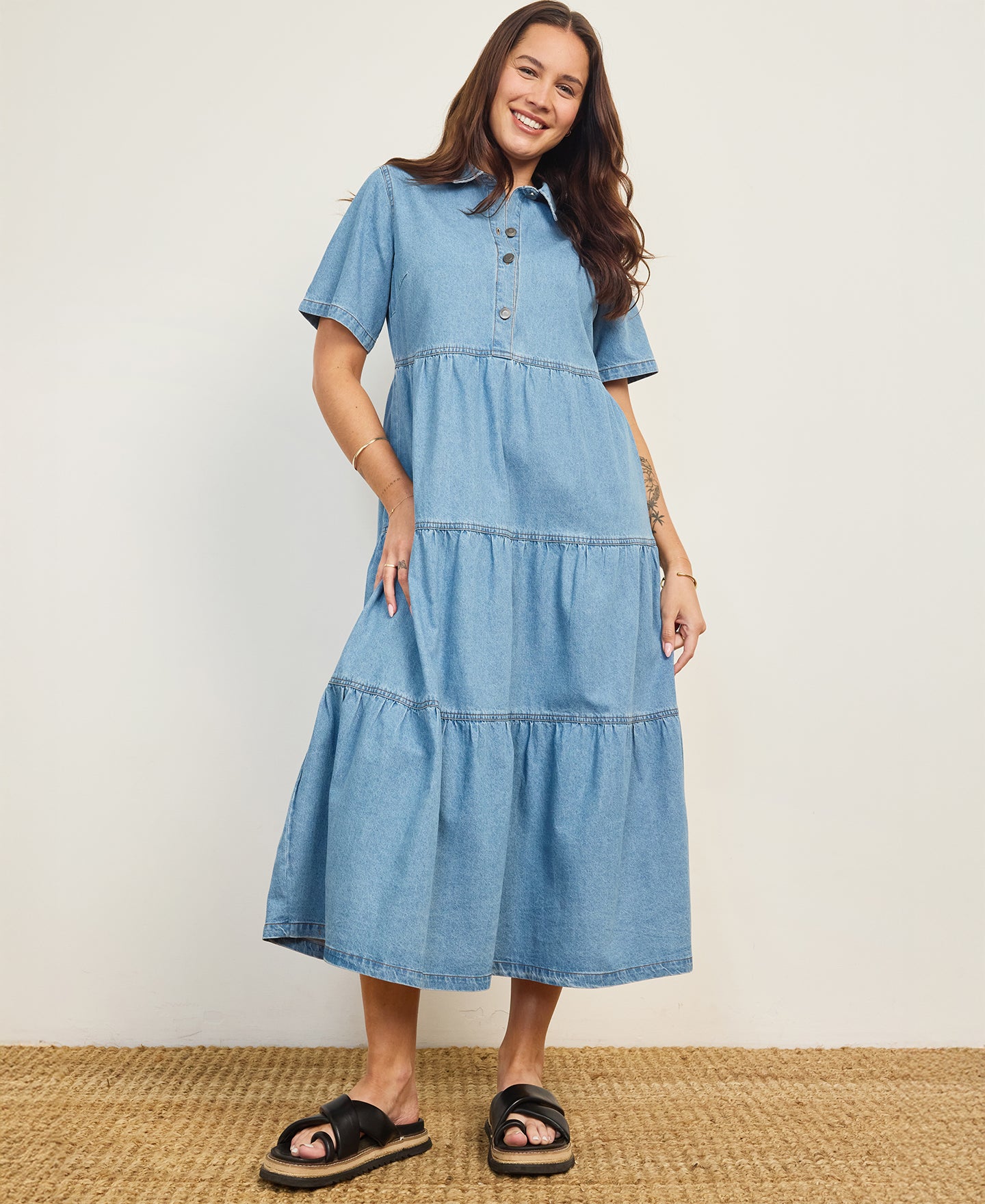 Women's Denim Tier Midi Dress