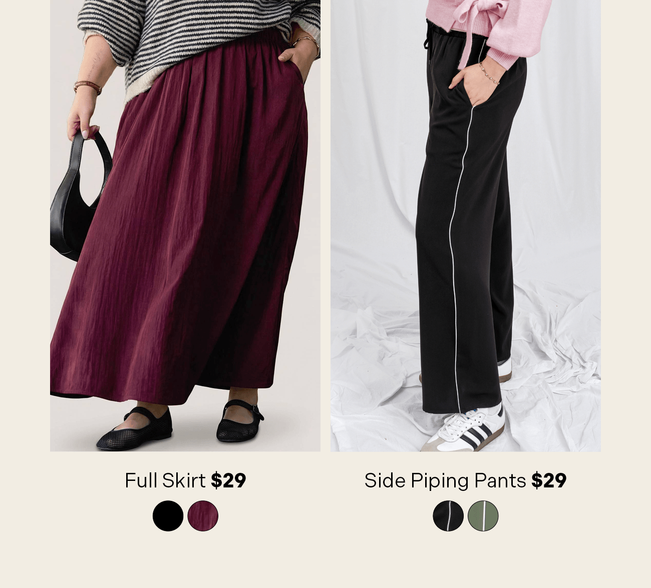 Skirt & Piping Pants $29 each