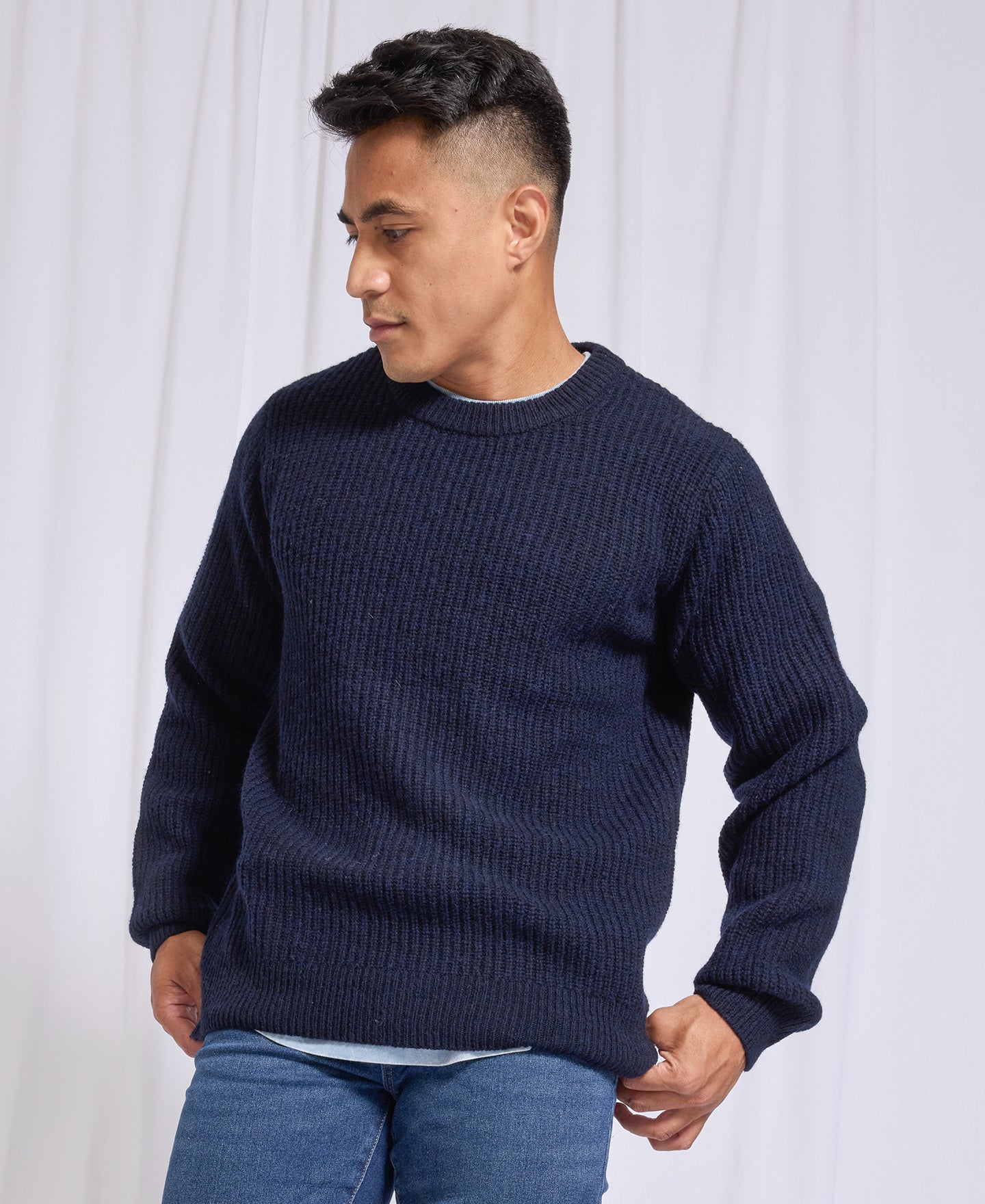 Men's Crew Neck Fishermans Rib Wool Jersey