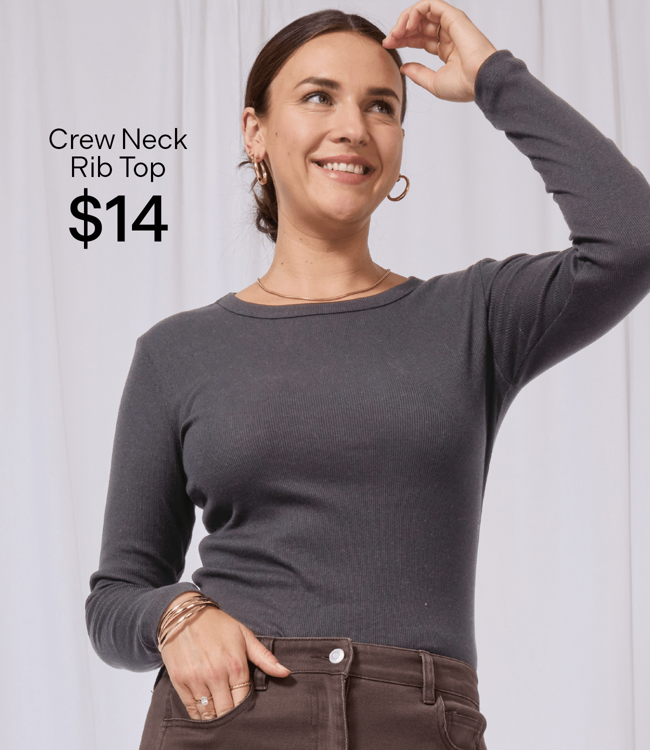 Women's Long Sleeve Rib Crew Neck Top