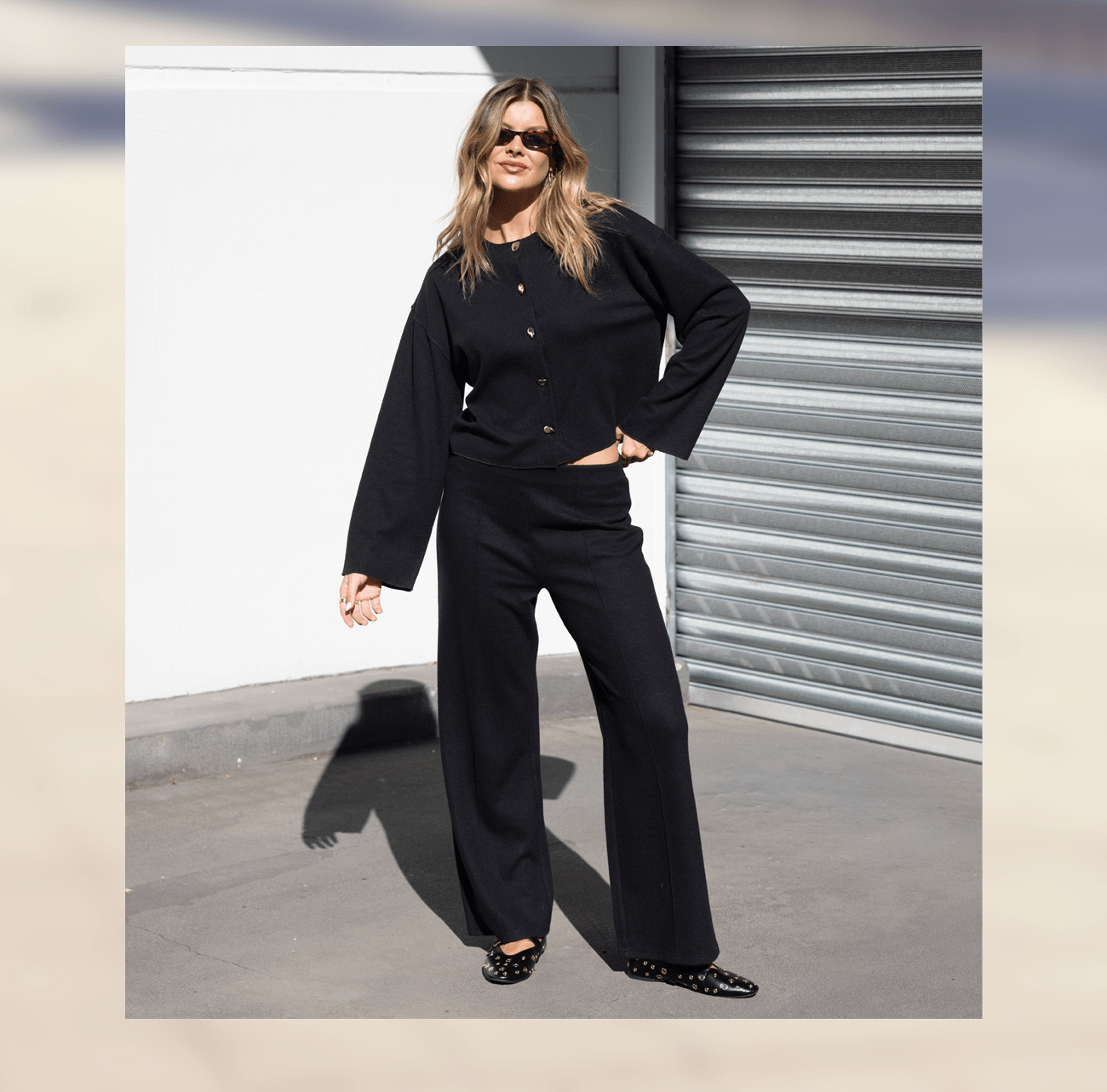 Women's Brushed Rib Long Sleeve Top & Pants Set in Black