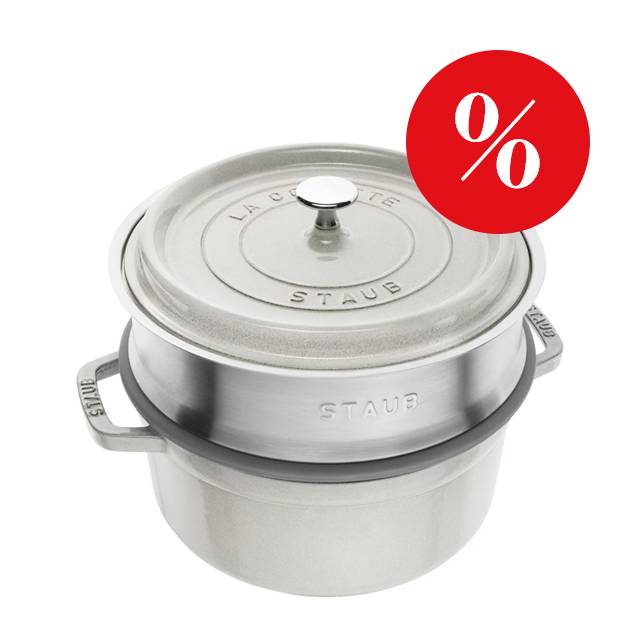 Liatinový hrniec s pokrievkou as naparovacou vložkou Cocotte, Ø 24 cm / 3,8 l, biela hľuzovka