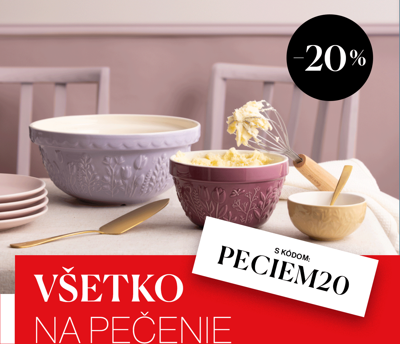 Získajte 20 % zľavu na značky Mason Cash, Emile Henry a Nordic Ware a zaobstarajte si nových pomocníkov do kuchyne výhodnejšie. Pri nákupe stačí zadať zľavový kód PECIEM20 – zľava platí online aj na predajniach do nedele 22. 2. 2026. Zľavy nie je možné kombinovať.