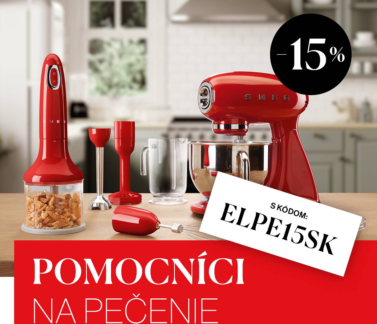 Doprajte si dokonalé pečenie! So zľavovým kódom ELPE15SK získate 15 % zľavu na vybrané elektrospotrebiče značiek SMEG, KitchenAid, Zwilling a Bamix. Akcia platí v e-shope aj v predajniach 12.–15. 3. 2026 alebo do vypredania zásob. Zľavy sa nesčítavajú