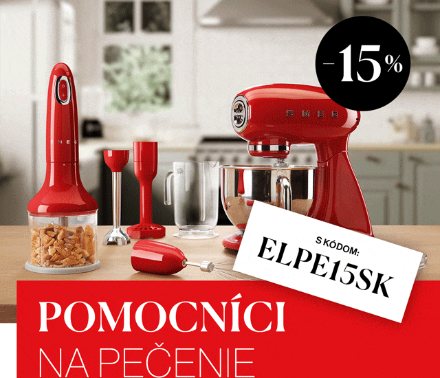 Využite poslednú šancu na 15 % zľavu na vybrané elektrospotrebiče značiek SMEG, KitchenAid, Zwilling a Bamix. Stačí použiť zľavový kód ELPE15SK. Akcia platí v e-shope aj v predajniach len do nedele 15. 3. 2026 alebo do vypredania zásob. Zľavy sa nesčítavajú.