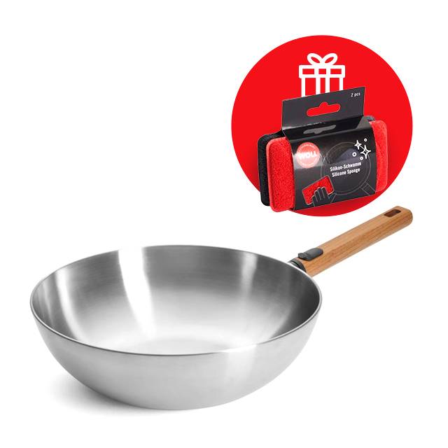 Nerezová wok panvica Logic Steel s drevenou odnímateľnou rukoväťou, Ø 30 cm