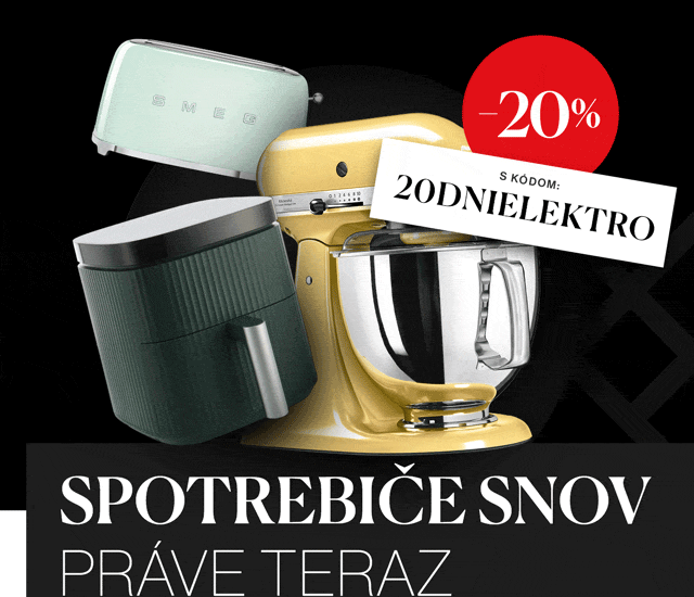 Posledný deň na 20 % zľavu na vybrané značky SMEG, KitchenAid, GreenPan a Zwilling. Doprajte si spotrebiče, ktoré spríjemnia každý deň aj chvíle v kuchyni. S kódom 20DNIELEKTRO.