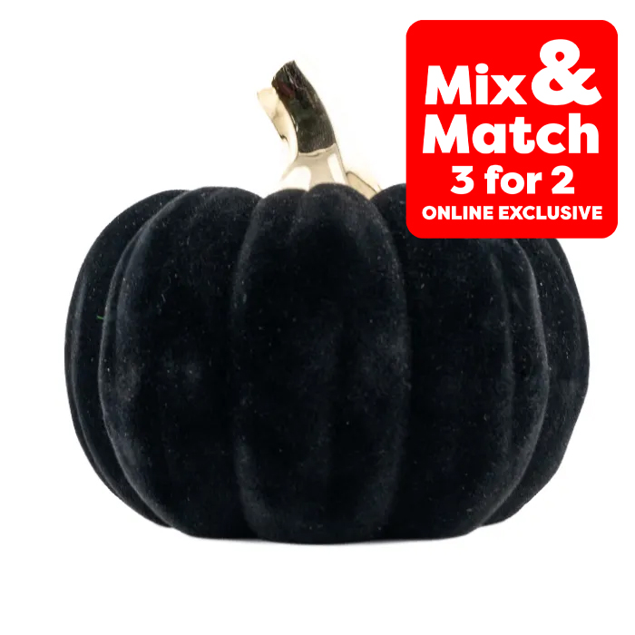 Halloween Flock Black Pumpkin Decoration, 9cm