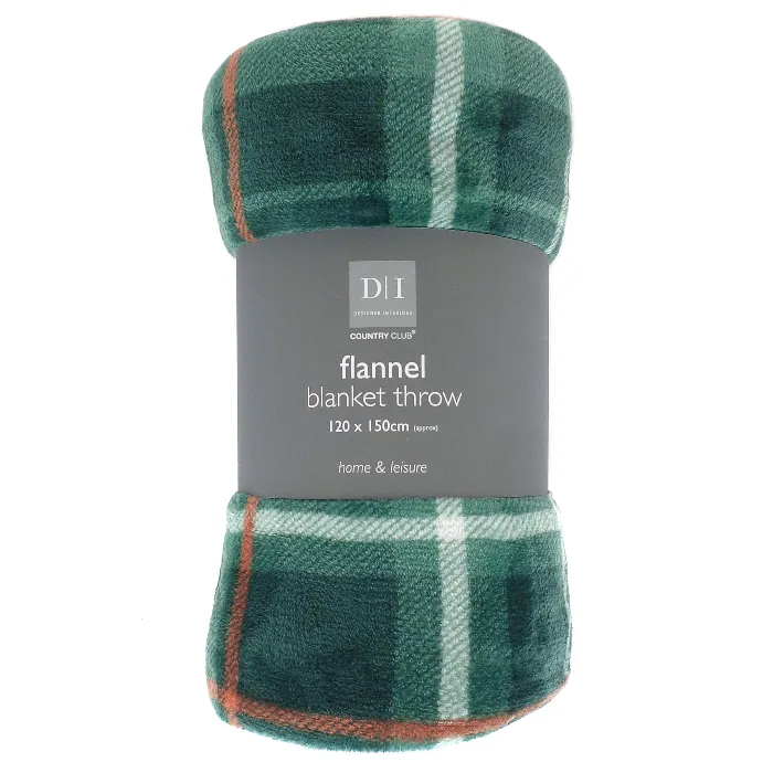 Country Club Green Tartan Flannel Blanket Throw, 120 x 150cm