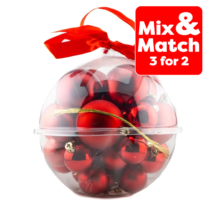 Christmas Mixed Bauble Set - Red (Pack of 30)