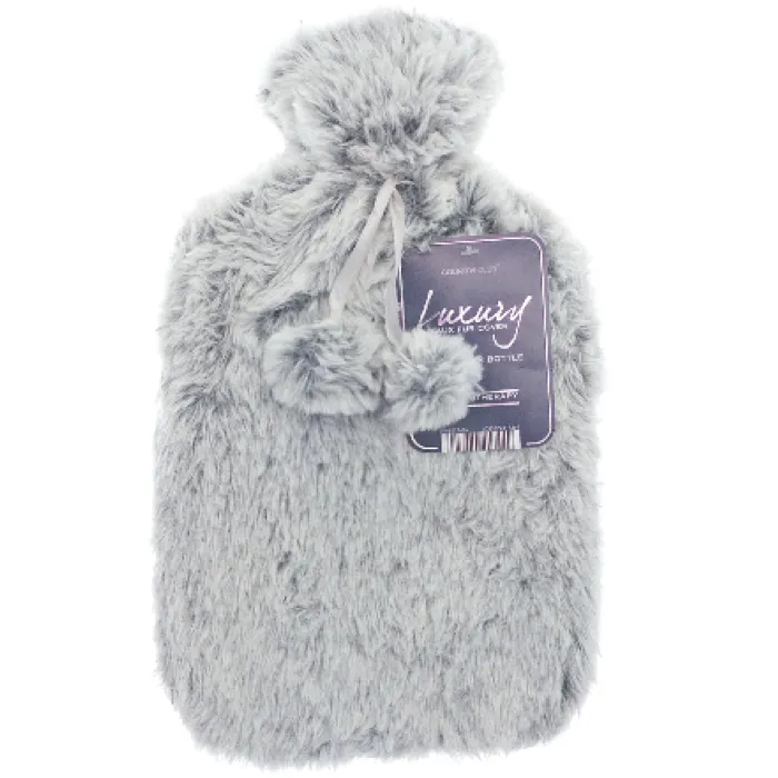 Country Club Hot Water Bottle With Luxury Faux Fur Grey Print Cover