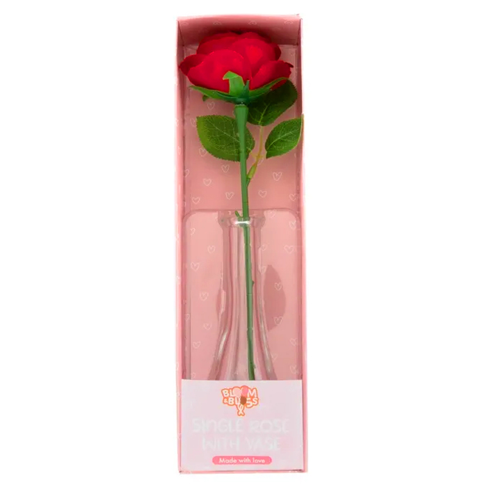 Valentines Single Artificial Rose With Vase