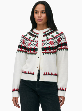 Model wearing White Women's Christmas Fair Isle Cardigan