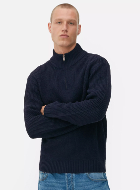 Model wearing Navy Rib-Knit Half-Zip Jumper