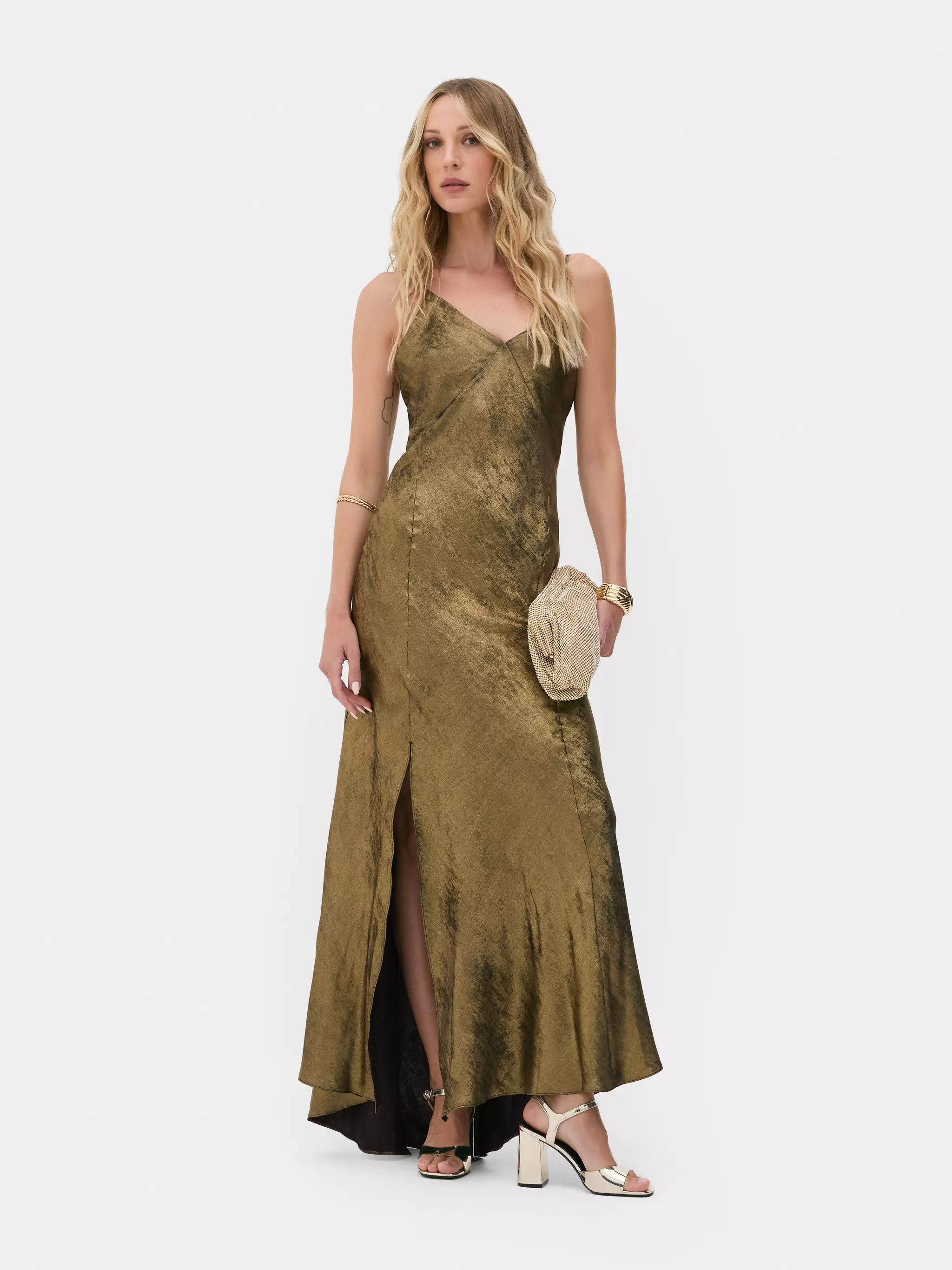 Model wearing Gold Rita Ora Metallic Slip Midi Dress