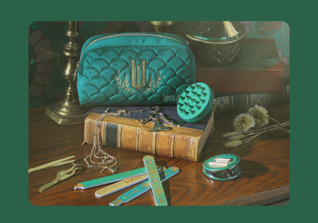 The Wicked Beauty Green makeup back and Scalp massager with the themed nail file and mirror