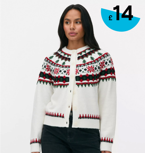 Woman wearing Women's Christmas Fair Isle Cardigan