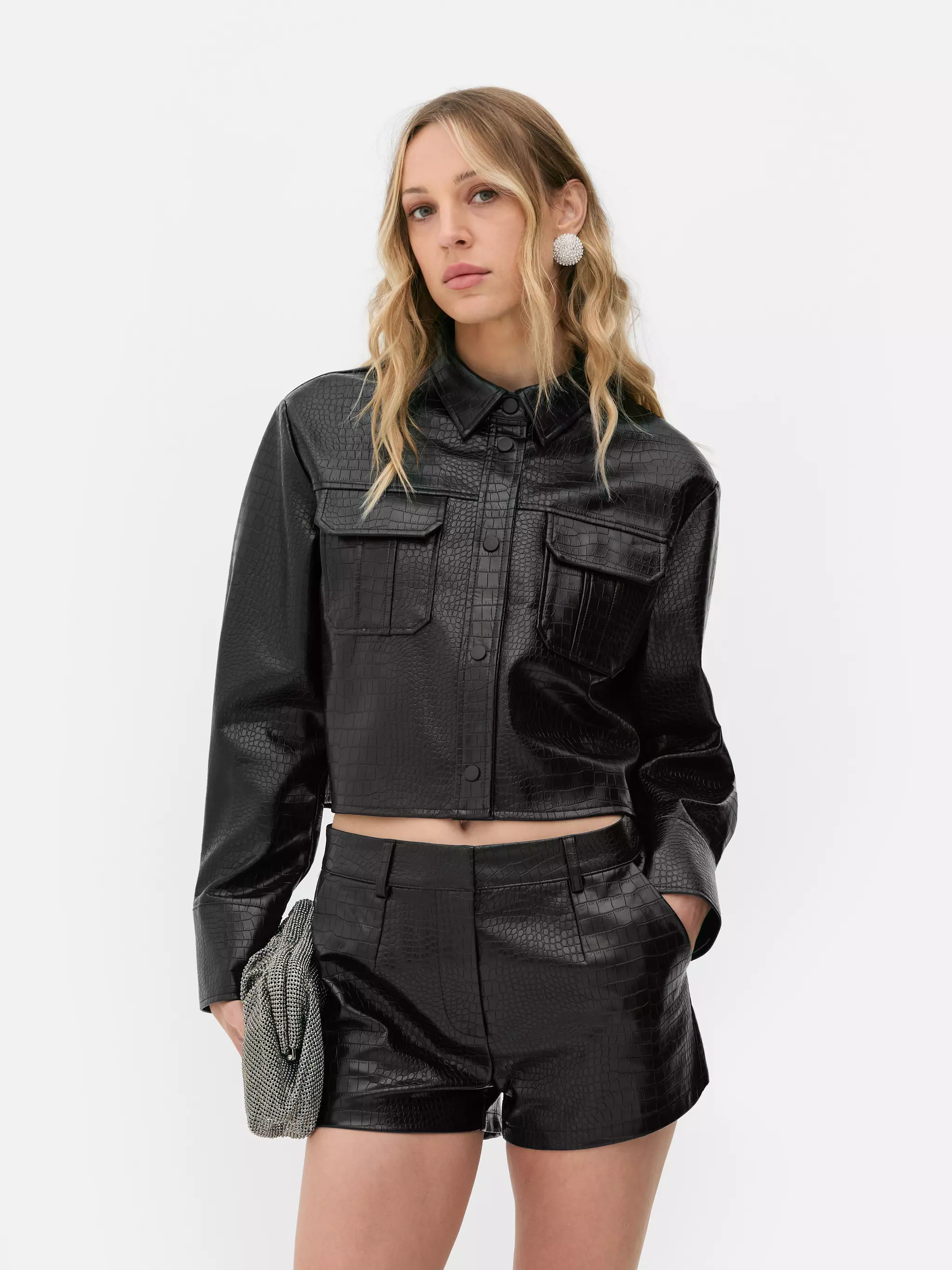 Black Rita Ora Croc Effect Cropped Jacket