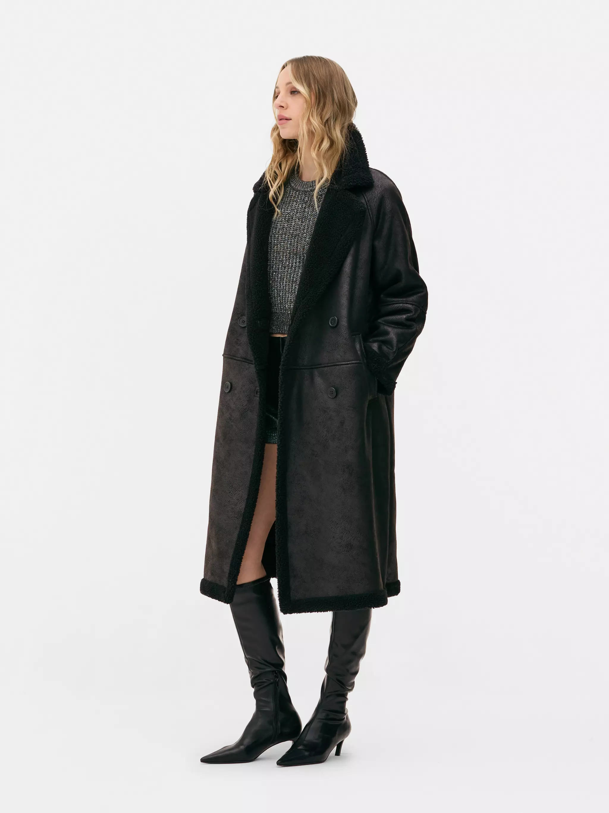 Black Rita Ora Maxi Faux Shearling Coat