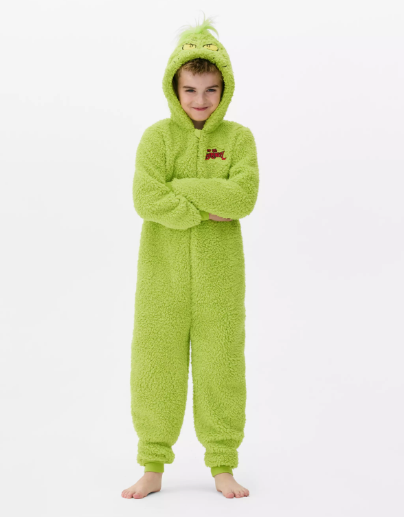 Child wearing The Grinch Fluffy Christmas Onesie