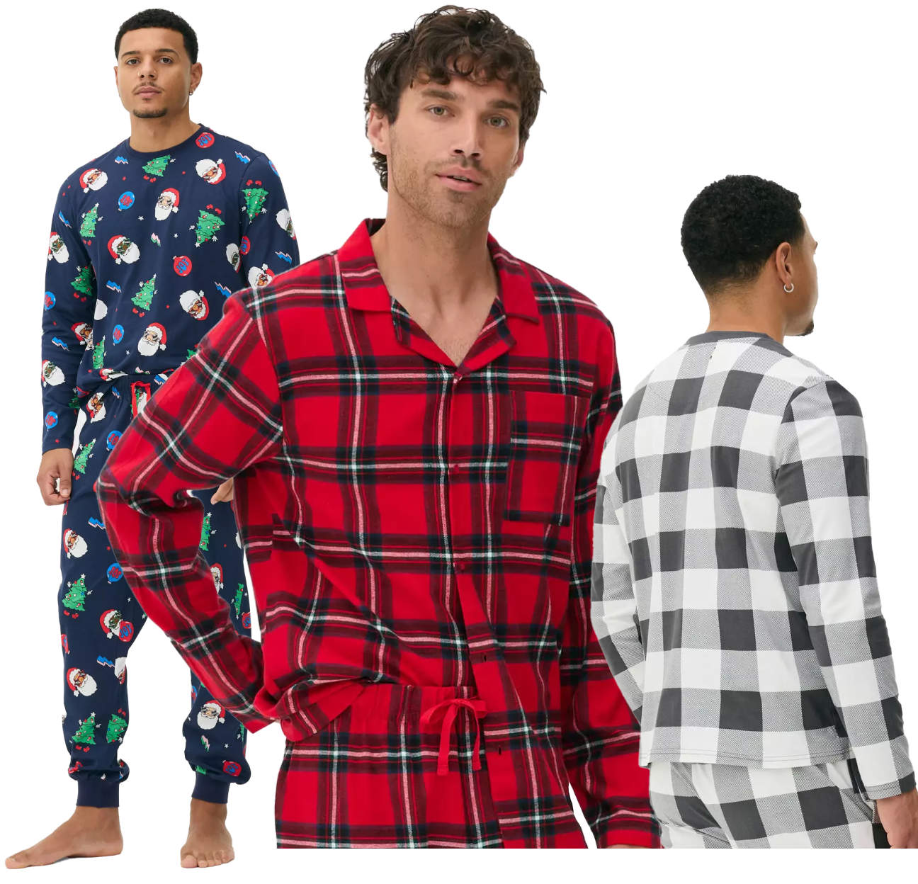 Male model wearing red tarten pj's set, Navy christmas tree set and grey and white pj's set.