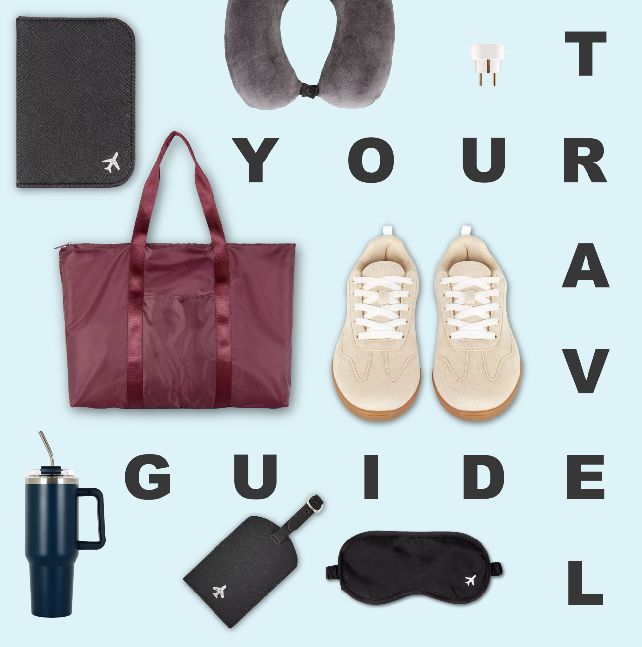 A collation of a red travel bag, trainers, mug and eye mask