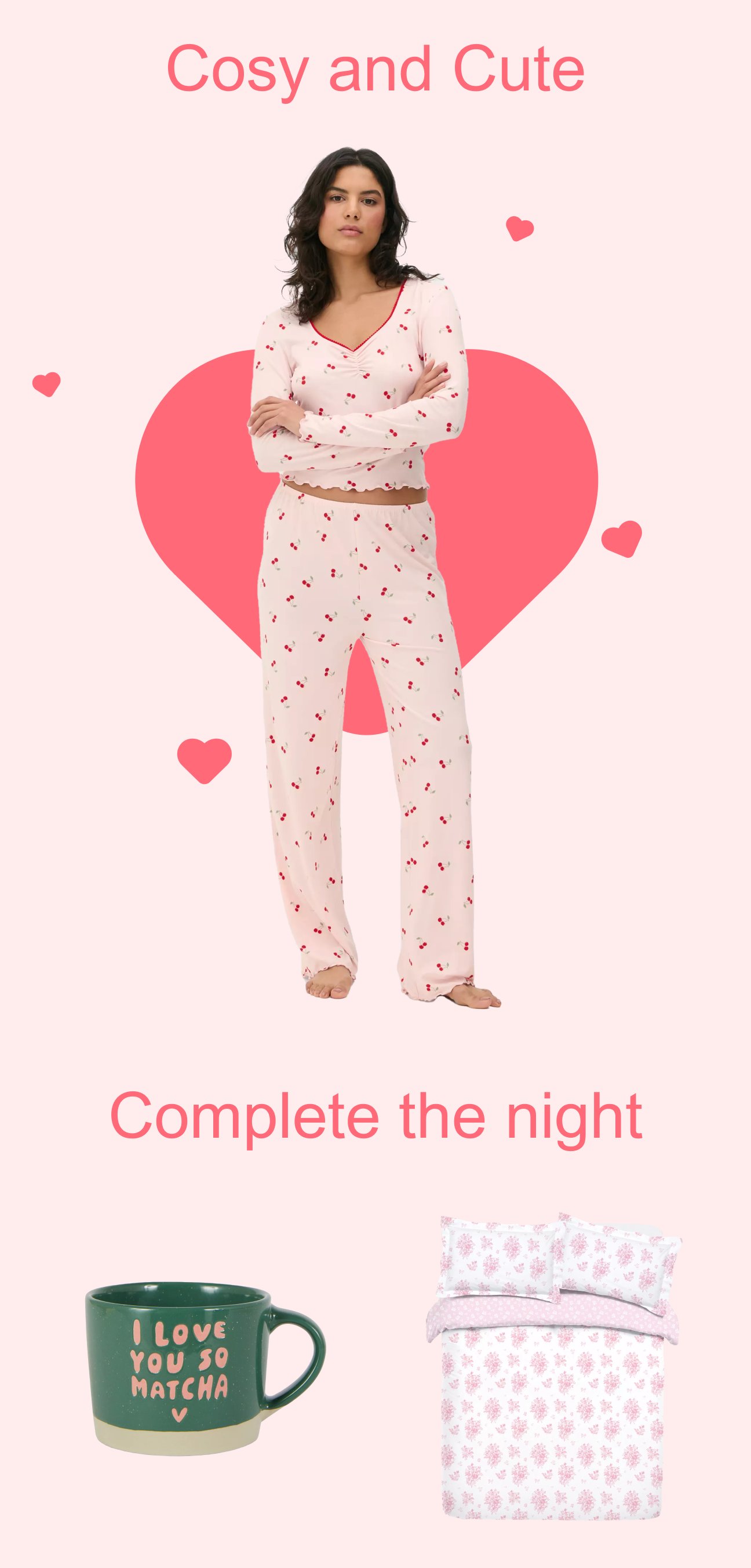 A Valentine’s-themed outfit styled for the occasion, tailored to individual preferences: options include romantic red lingerie, cosy cherry-patterned pyjamas, or a sleek black dress, each paired with complementary accessories for the perfect look.