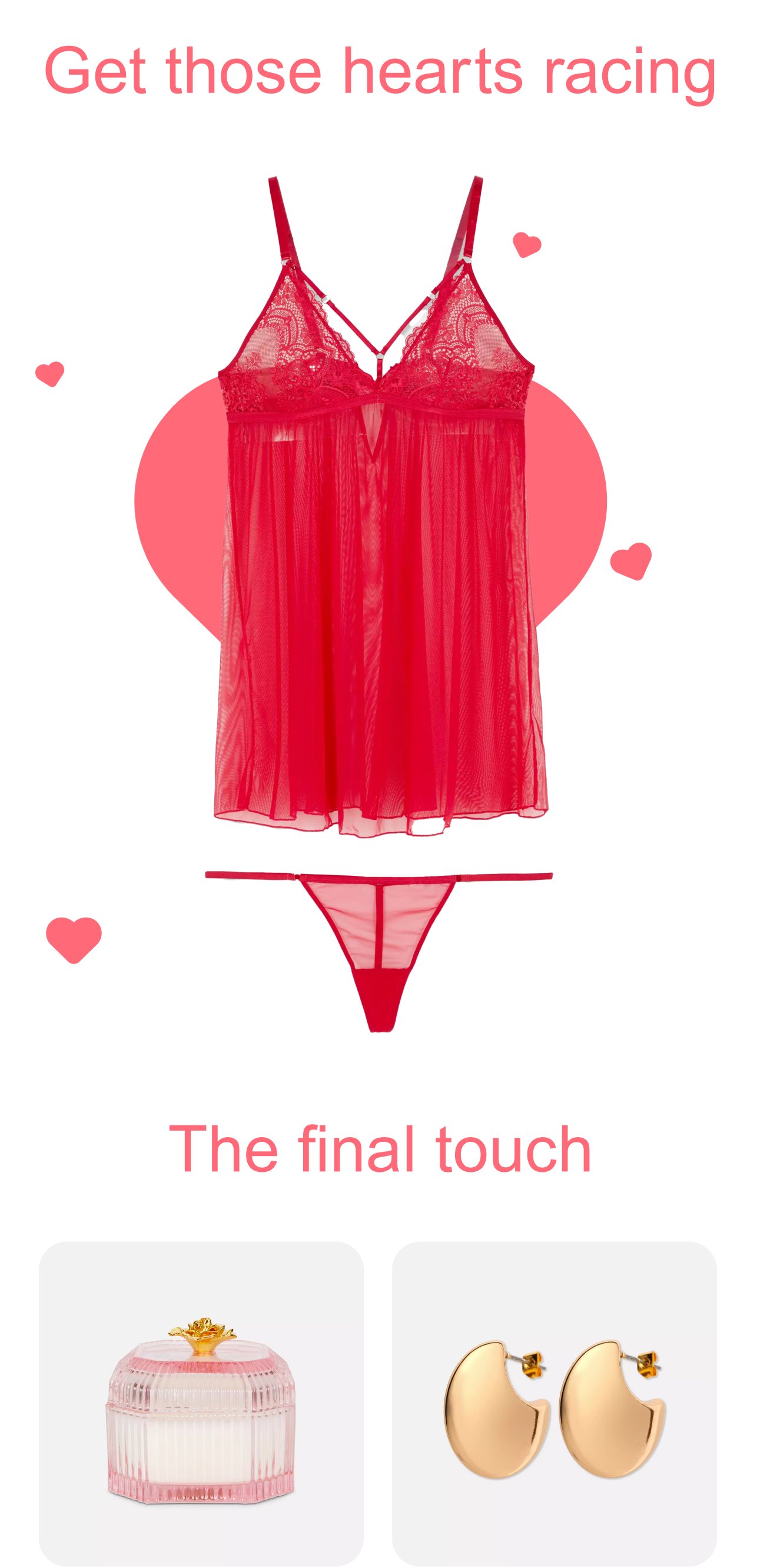 A Valentine’s-themed outfit styled for the occasion, tailored to individual preferences: options include romantic red lingerie, cosy cherry-patterned pyjamas, or a sleek black dress, each paired with complementary accessories for the perfect look.