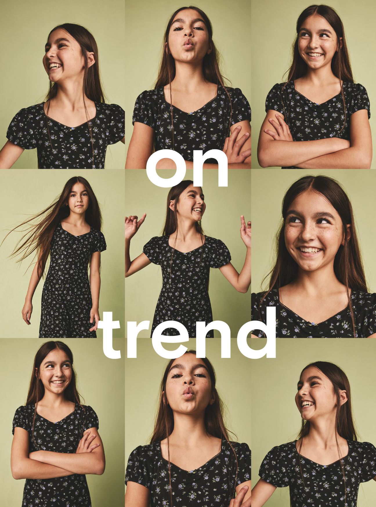 A collage of a young girl wearing a navy flower dress in front of a green background