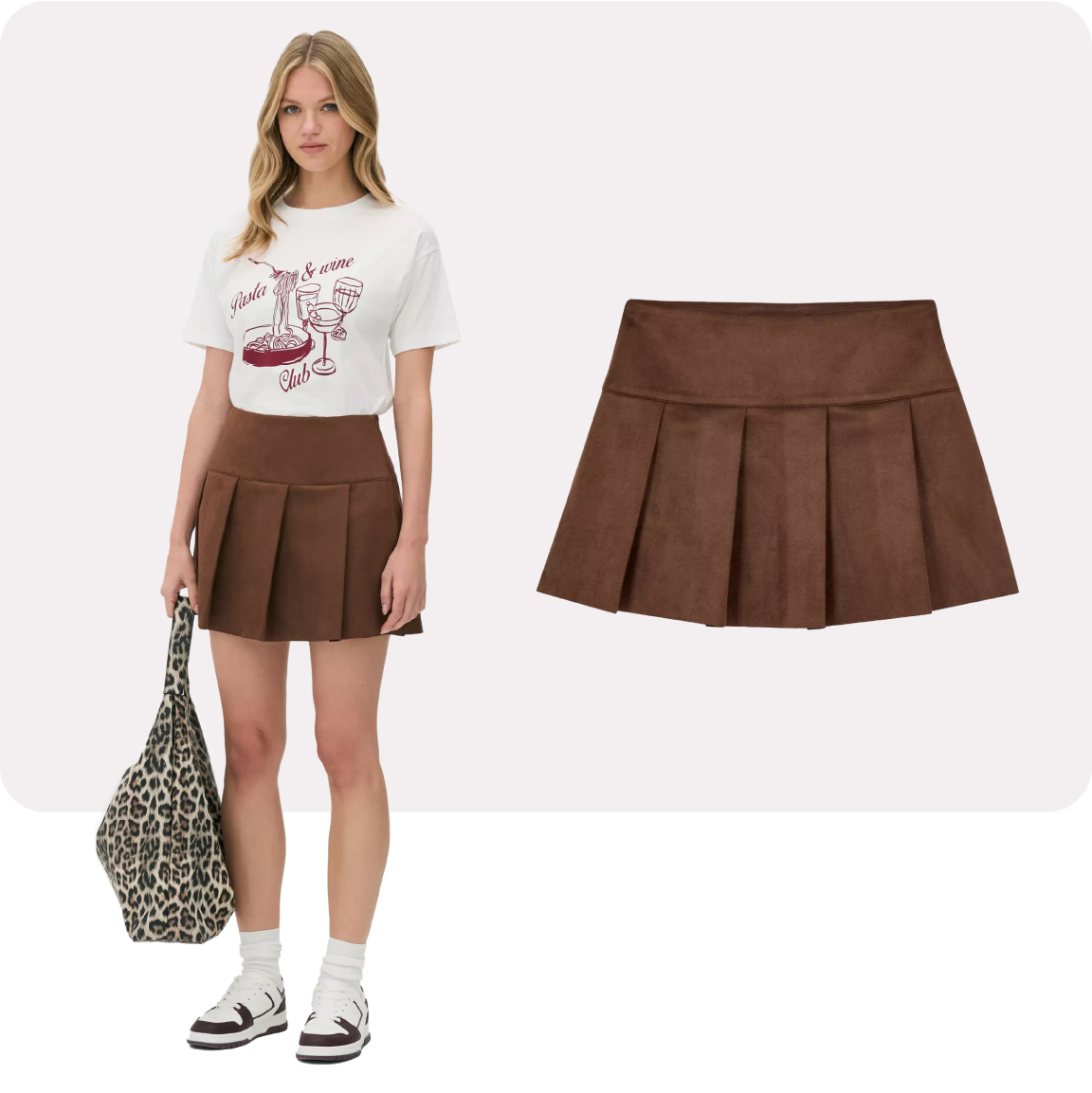 Model wearing faux suede brown skirt